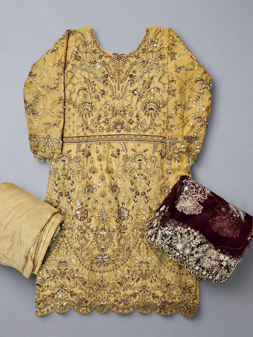 ZC mustard and wine red colour hand embellished chiffon sharara suit