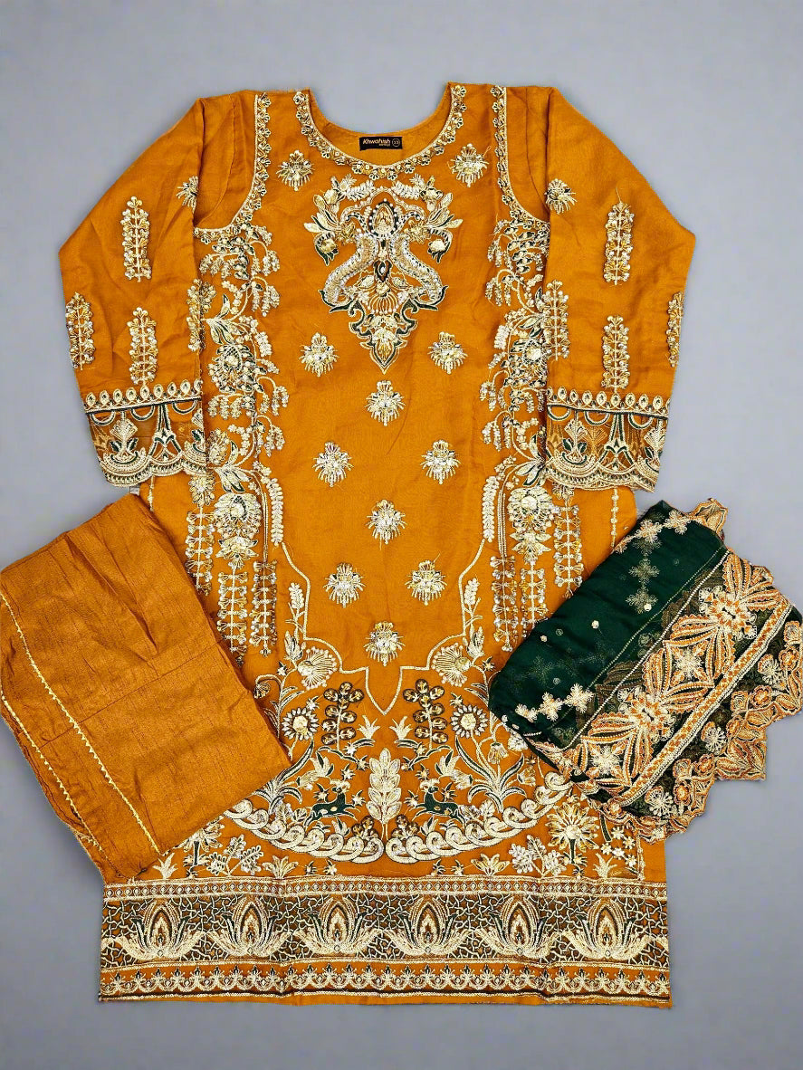 MNR pumpkin orange colour hand embellished organza sharara suit