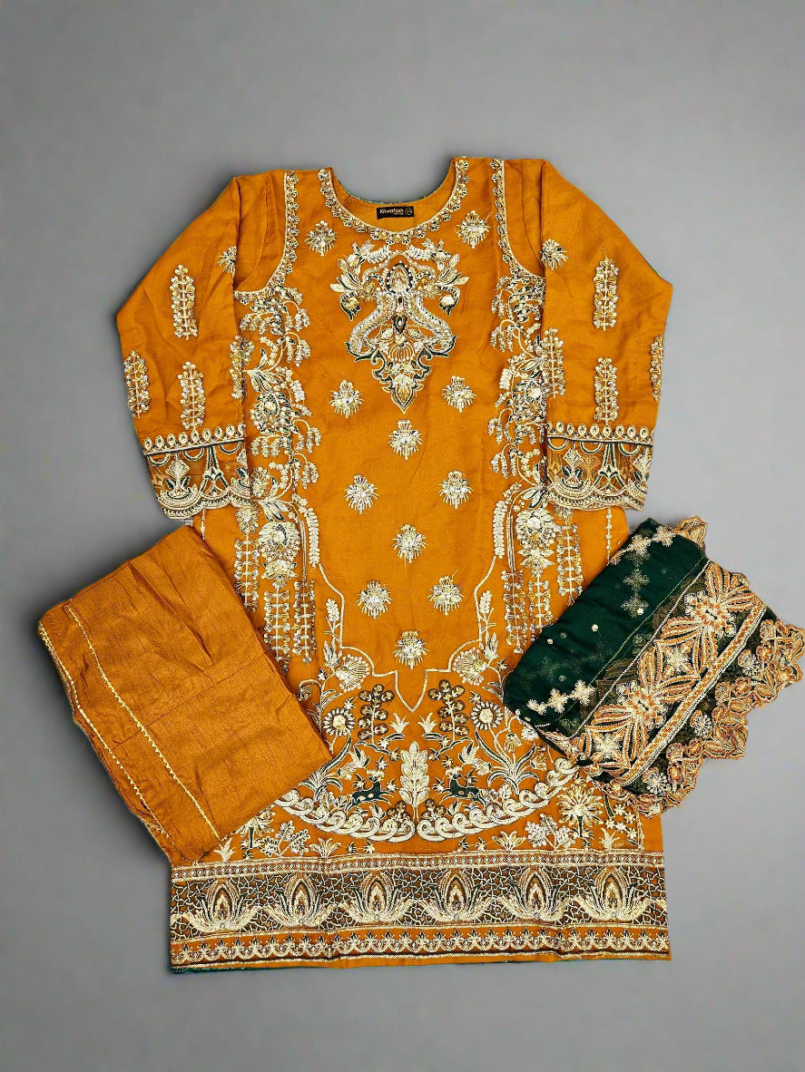 MNR pumpkin orange colour hand embellished organza sharara suit
