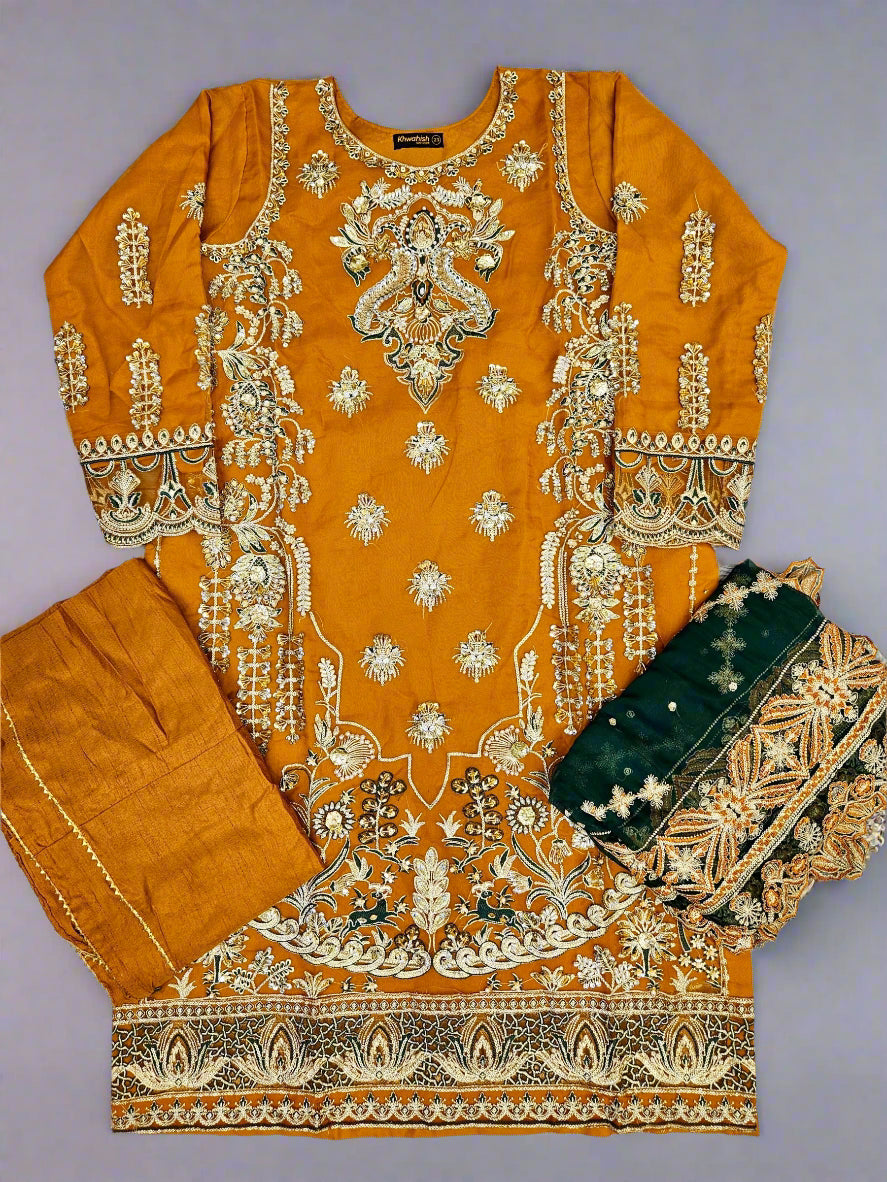 MNR pumpkin orange colour hand embellished organza sharara suit
