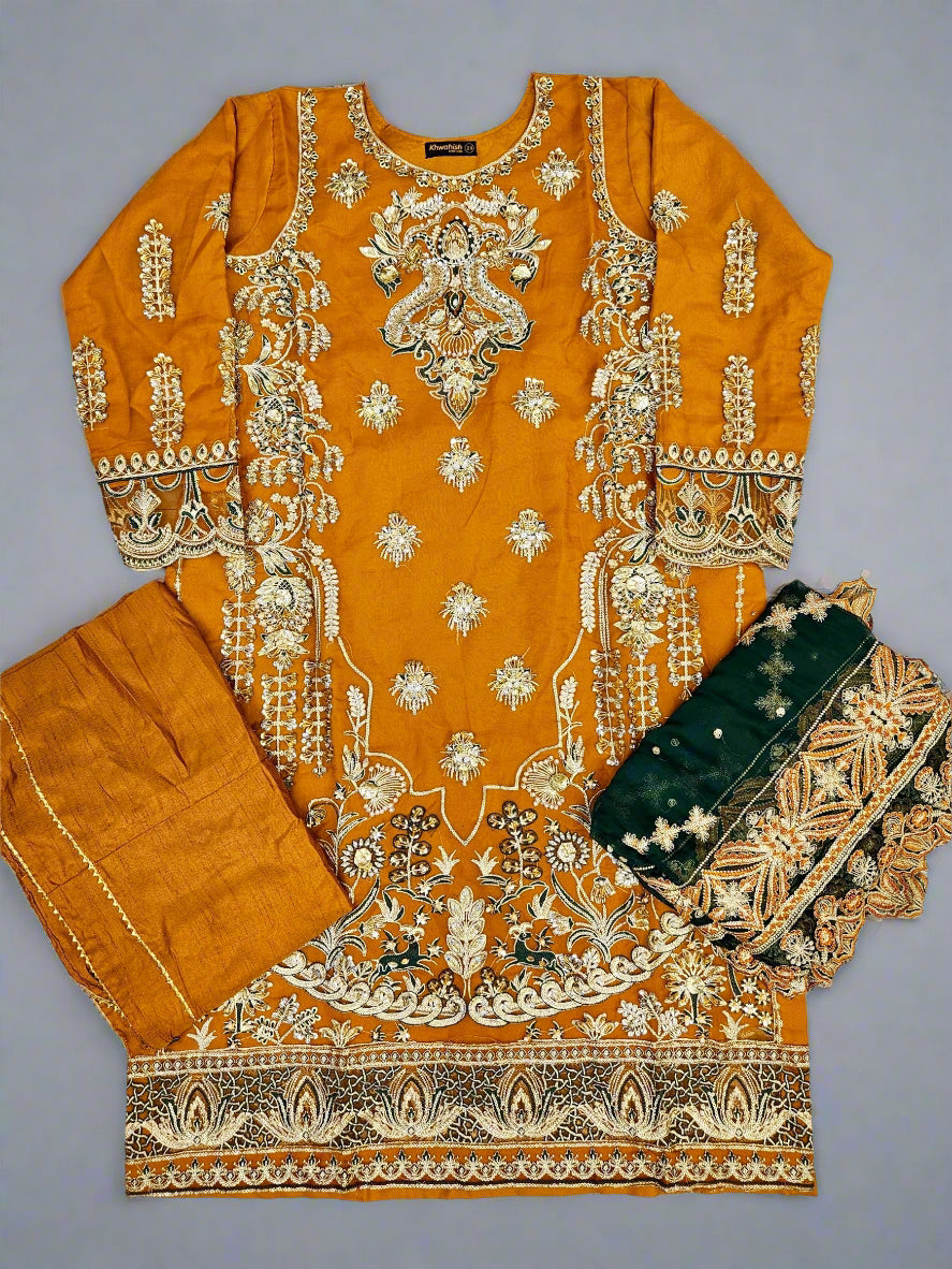 MNR pumpkin orange colour hand embellished organza sharara suit