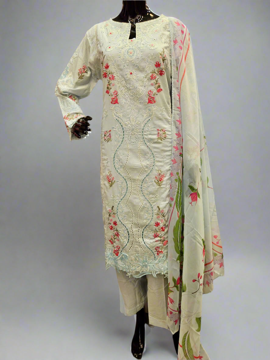 QMR ice blue and red pink colour laser cut embroidery cotton shalwar kameez
