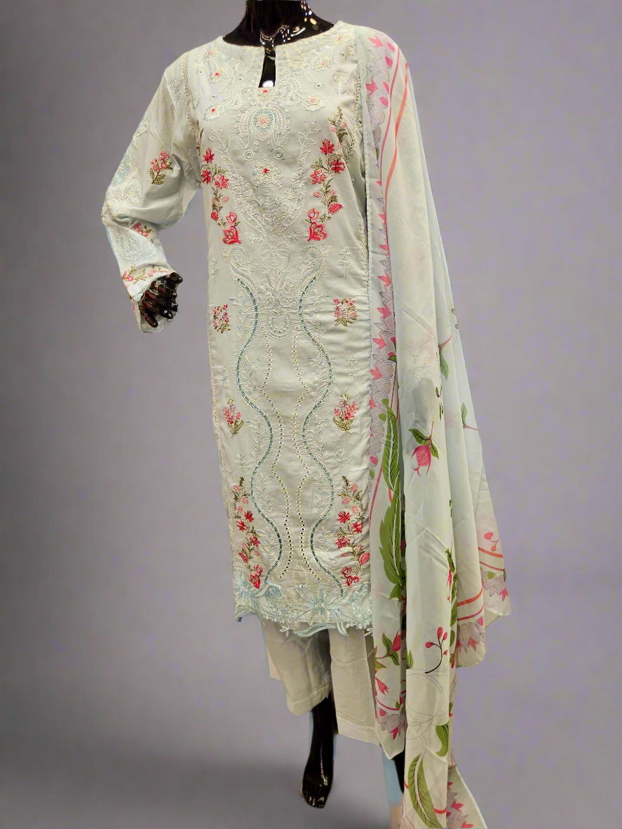 QMR ice blue and red pink colour laser cut embroidery cotton shalwar kameez