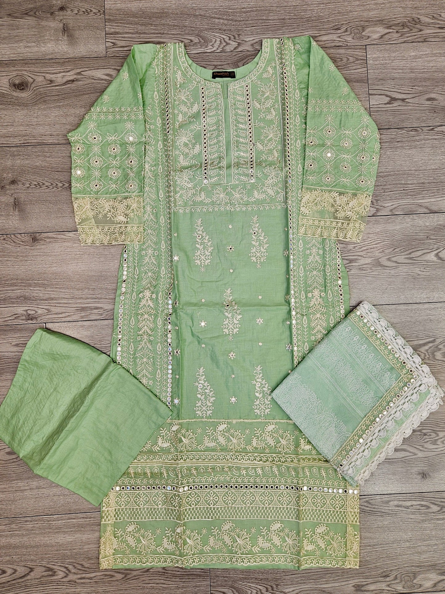 SBN seafoam green colour chikan kari embroidery cotton shalwar kameez