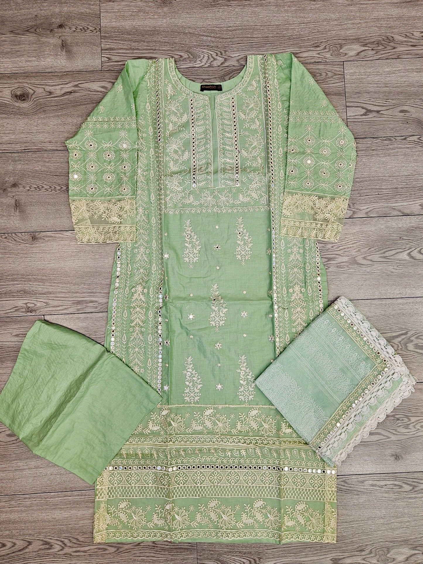 SBN seafoam green colour chikan kari embroidery cotton shalwar kameez