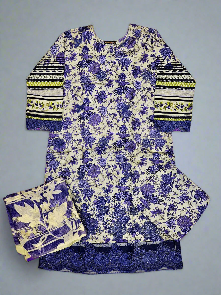 MB white and French violet colour floral print cotton shalwar kameez