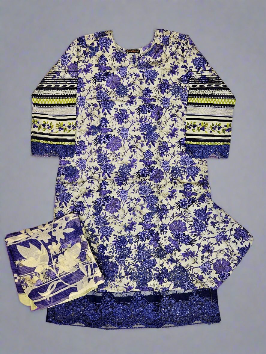 MB white and French violet colour floral print cotton shalwar kameez