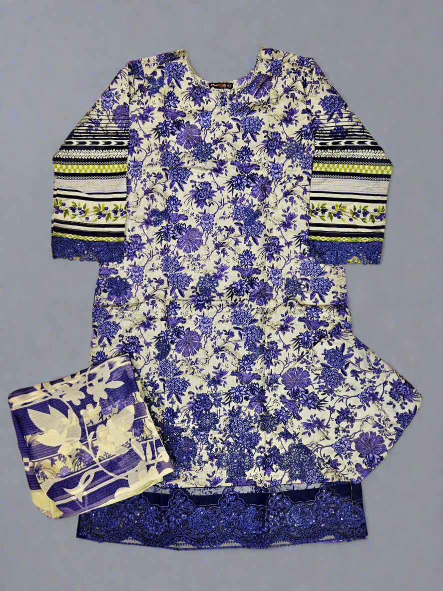 MB white and French violet colour floral print cotton shalwar kameez