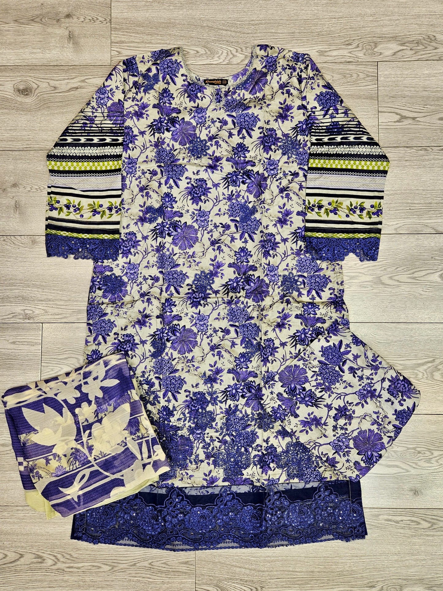 MB white and French violet colour floral print cotton shalwar kameez