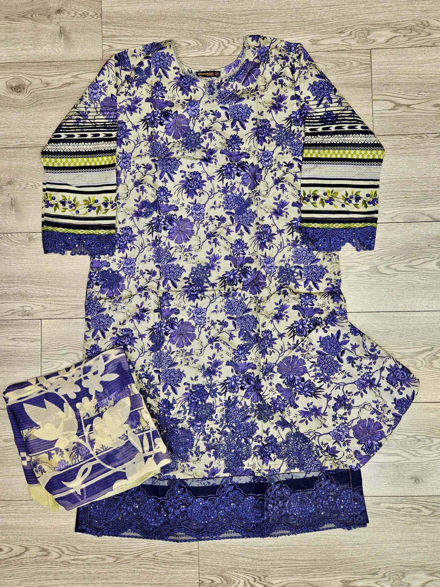 MB white and French violet colour floral print cotton shalwar kameez