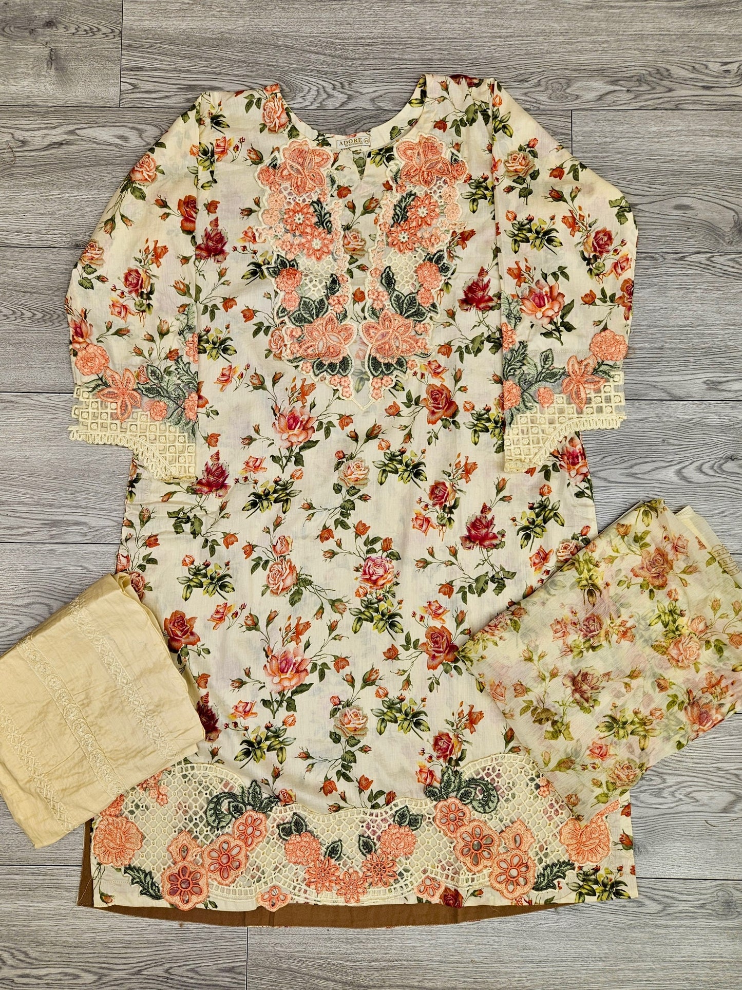 MB white and peach colour floral print cotton shalwar kameez