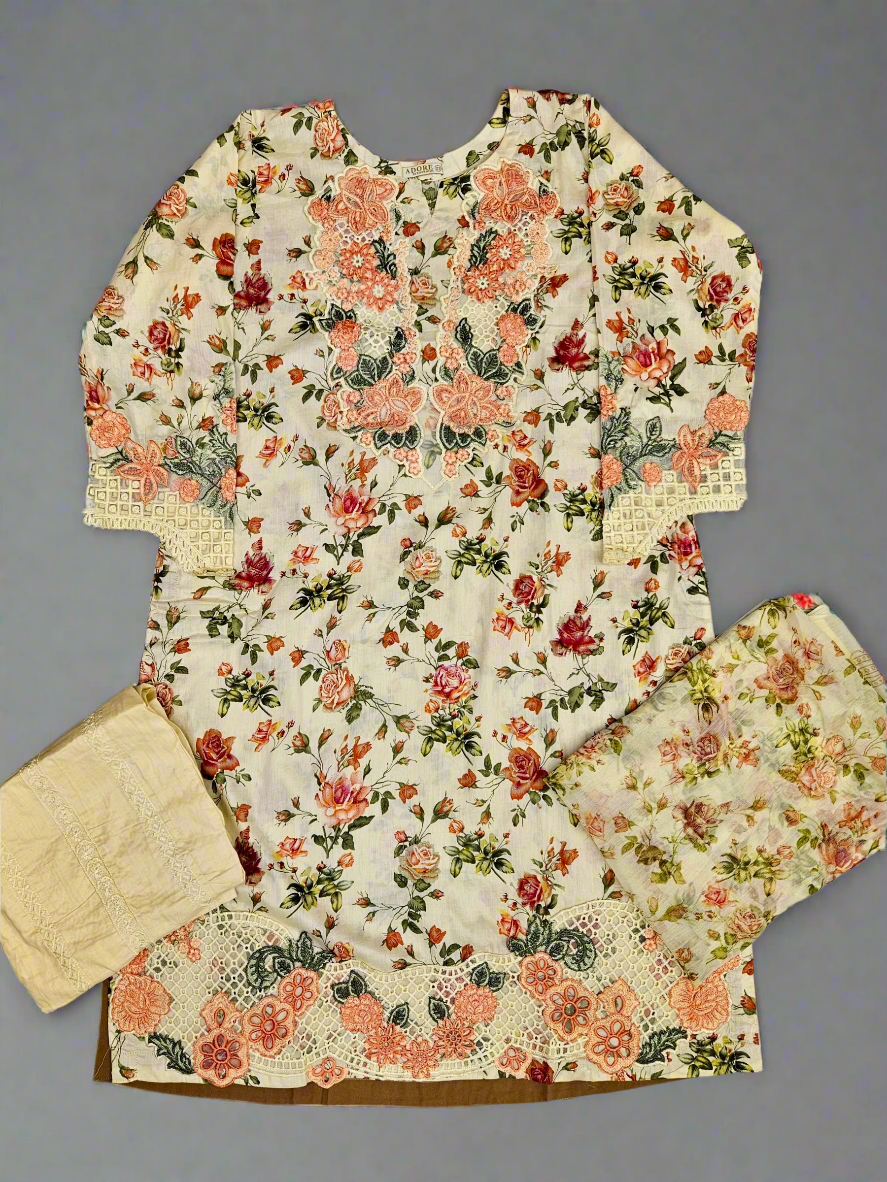 MB white and peach colour floral print cotton shalwar kameez