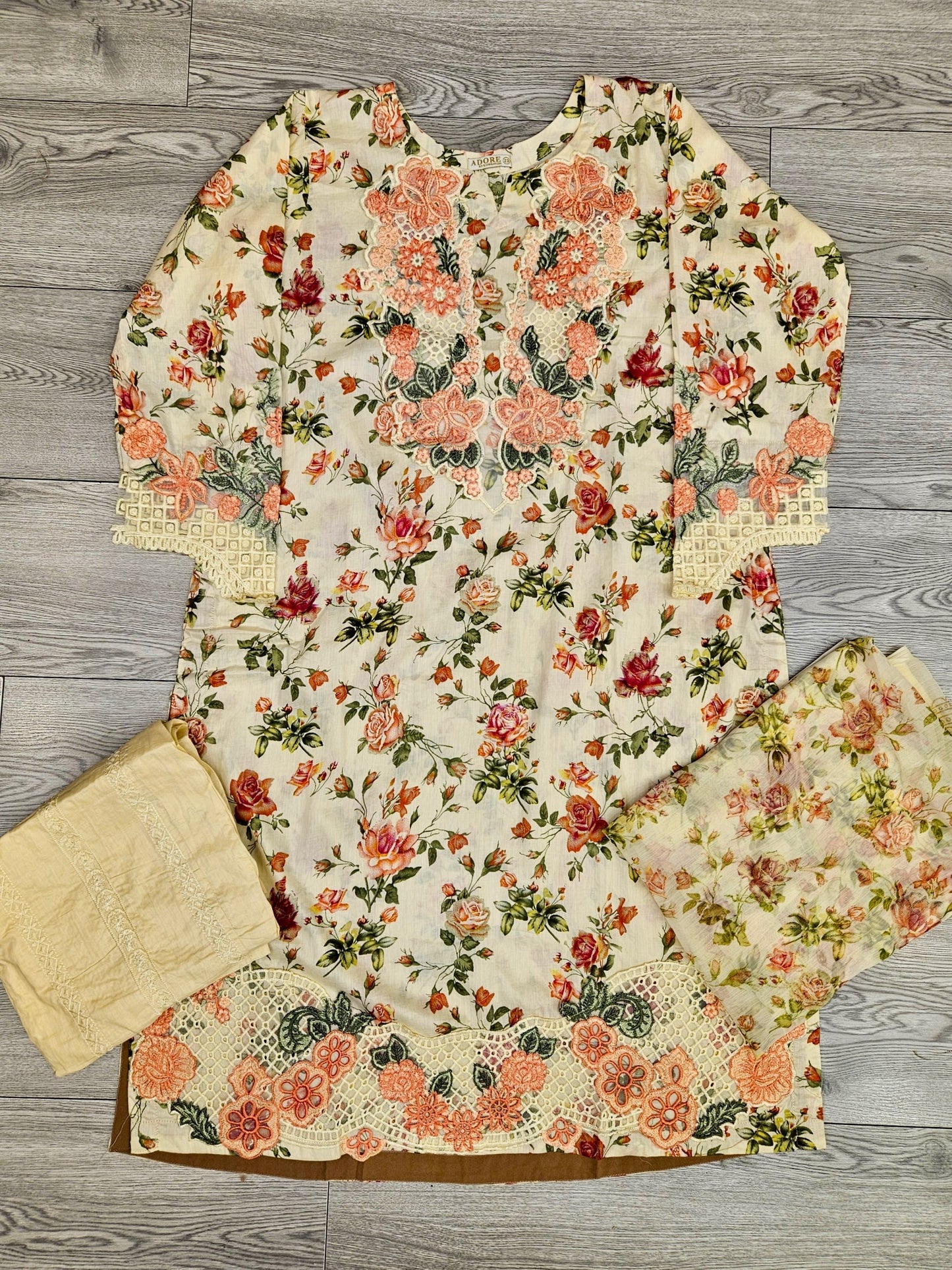 MB white and peach colour floral print cotton shalwar kameez