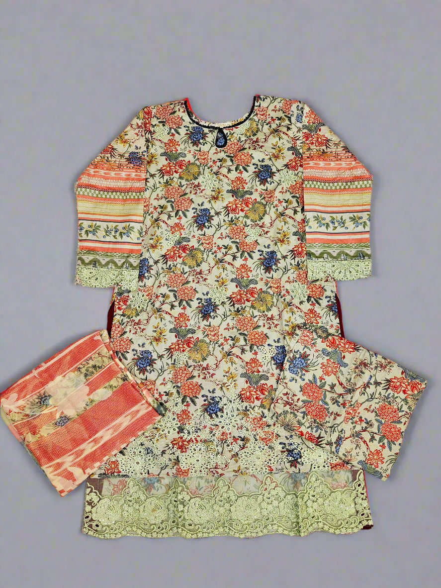 ELF white and candy apple red colour floral print cotton shalwar kameez