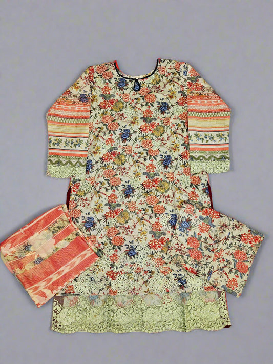 ELF white and candy apple red colour floral print cotton shalwar kameez