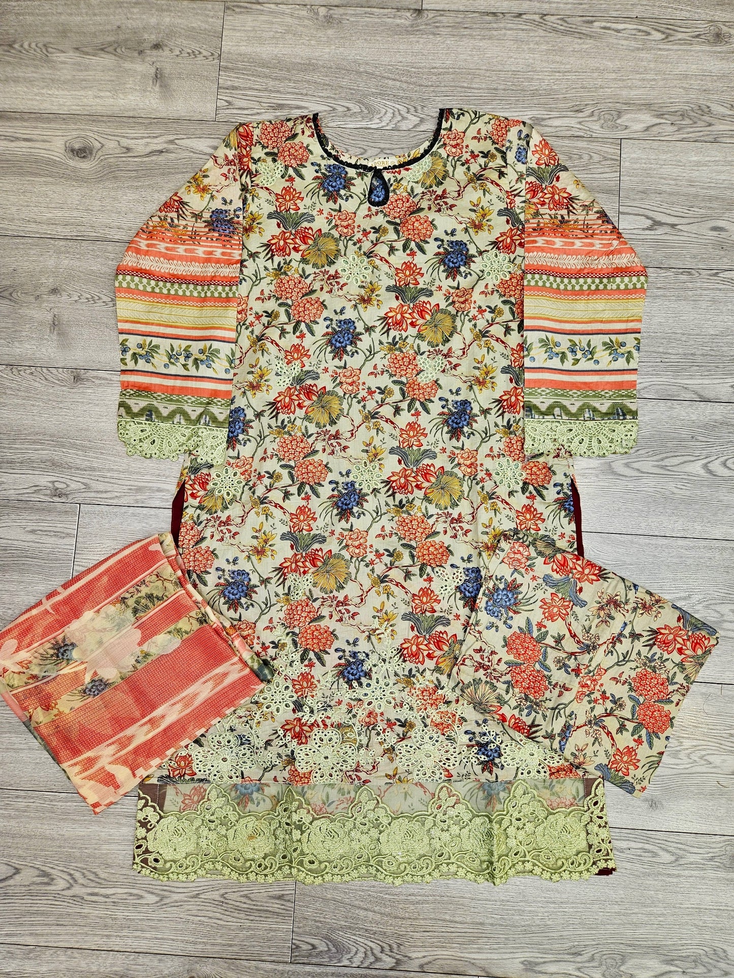 ELF white and candy apple red colour floral print cotton shalwar kameez