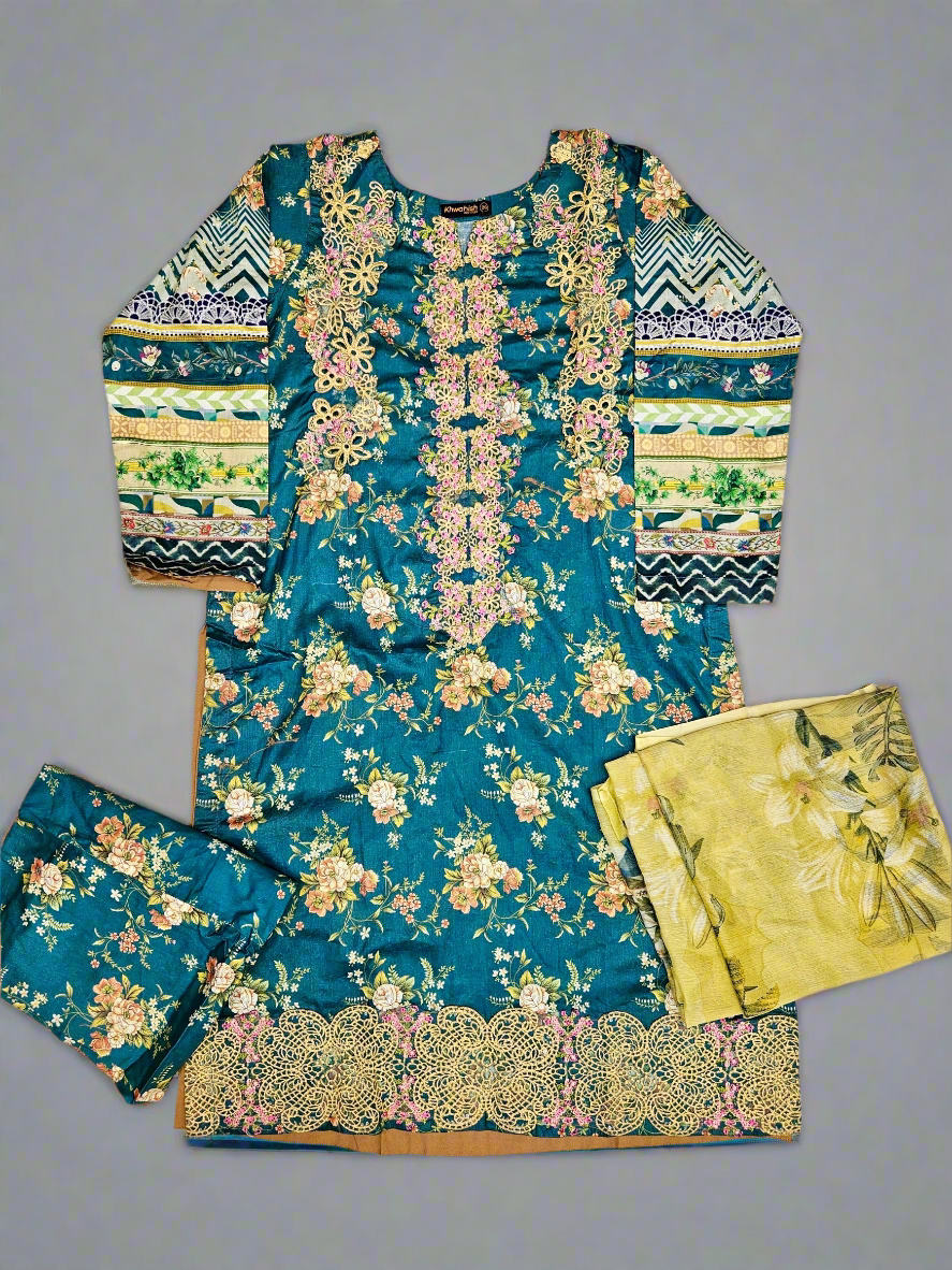 MB teal green and bumblebee colour floral print cotton shalwar kameez