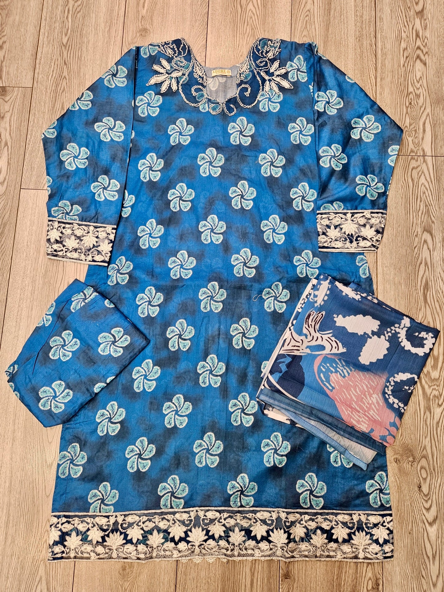 IZK cobalt blue floral print cotton shalwar kameez