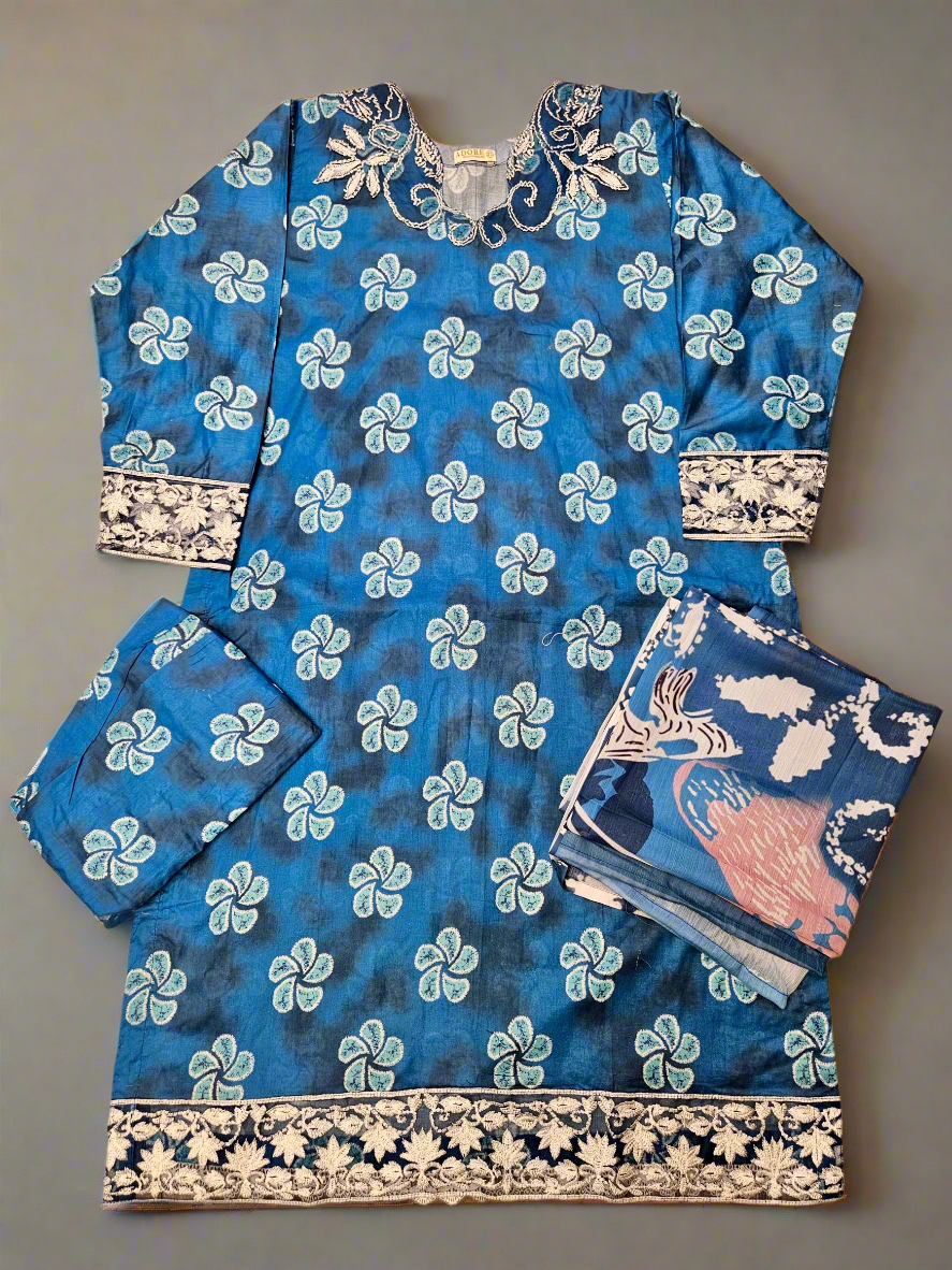 IZK cobalt blue floral print cotton shalwar kameez