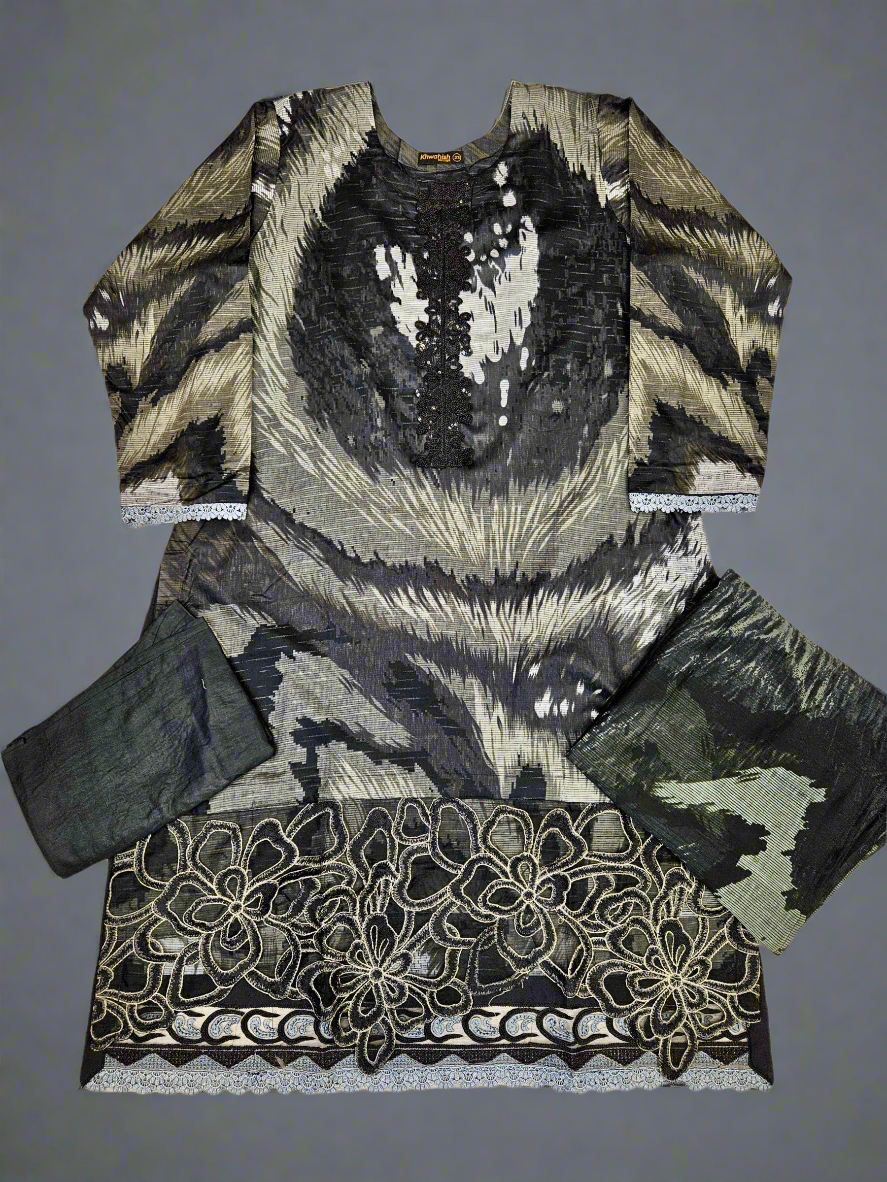 MB black colour floral print cotton shalwar kameez