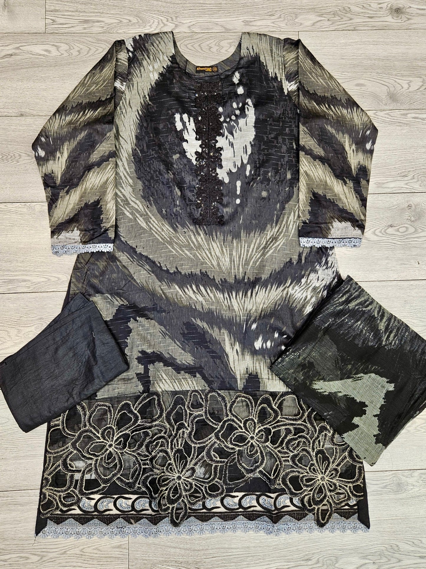 MB black colour floral print cotton shalwar kameez
