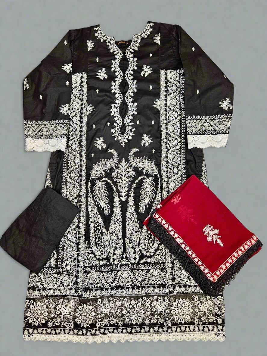 Zaha black and white colour cotton embroidered shalwar kameez
