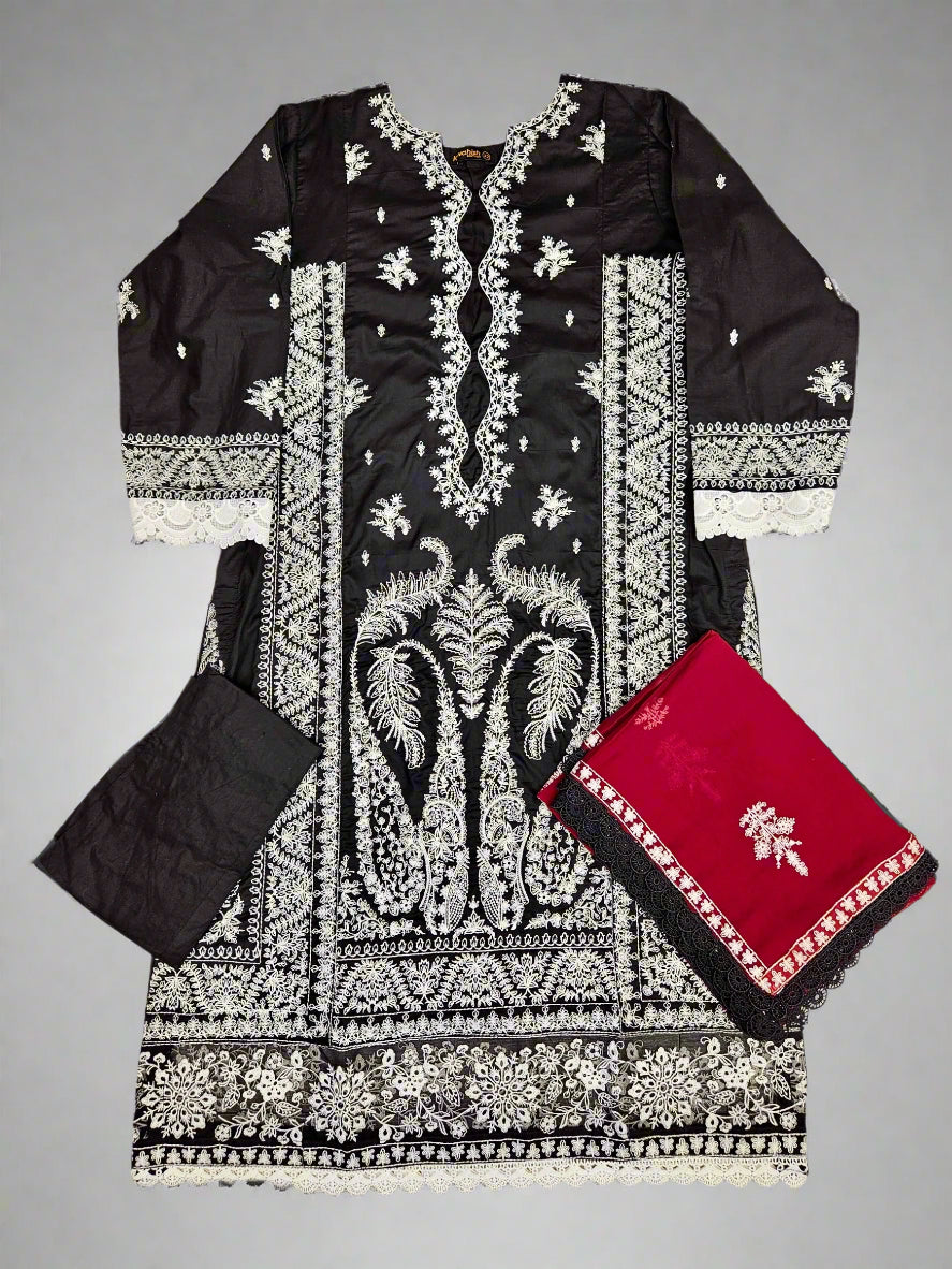 Zaha black and white colour cotton embroidered shalwar kameez