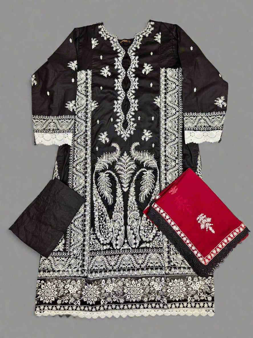 Zaha black and white colour cotton embroidered shalwar kameez