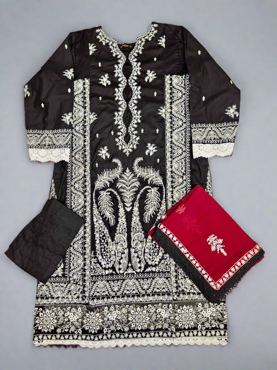 Zaha black and white colour cotton embroidered shalwar kameez