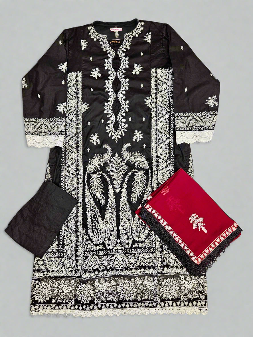 Zaha black and white colour cotton embroidered shalwar kameez