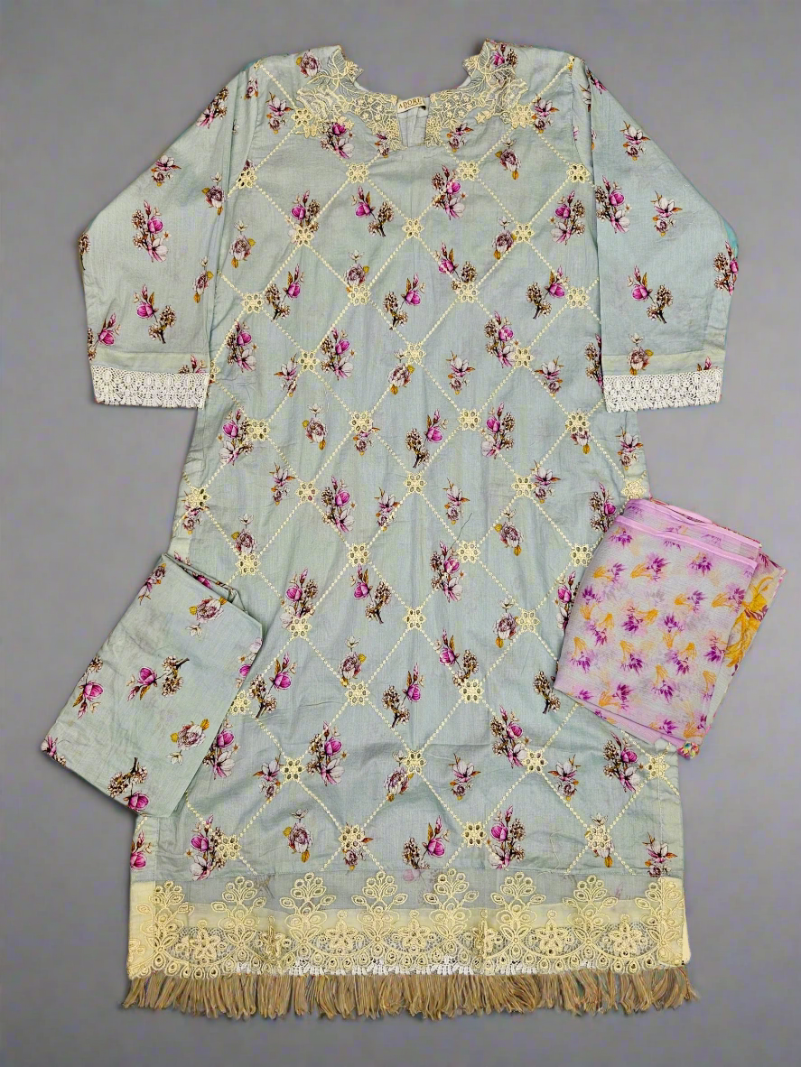 IZK swedish blue colour floral print cotton shalwar kameez