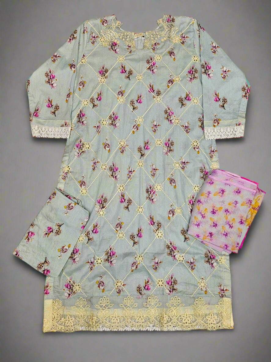 IZK swedish blue colour floral print cotton shalwar kameez