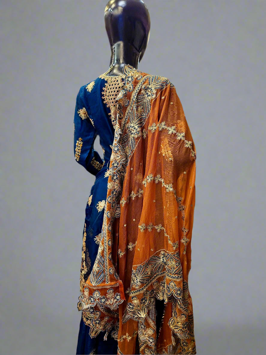 MNR navy blue colour hand embellished organza sharara suit