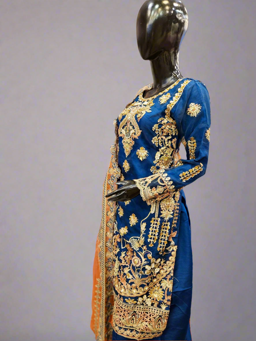 MNR navy blue colour hand embellished organza sharara suit