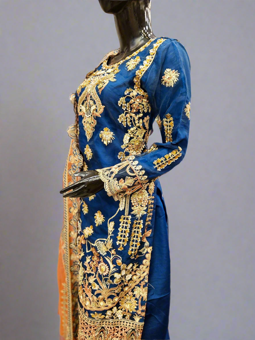MNR navy blue colour hand embellished organza sharara suit