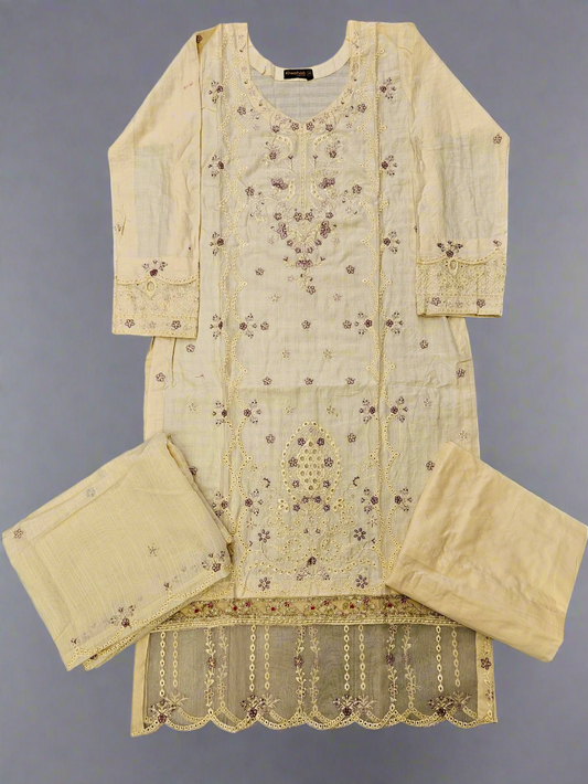 Pastel peach and purple floral embroidery cotton shalwar kameez