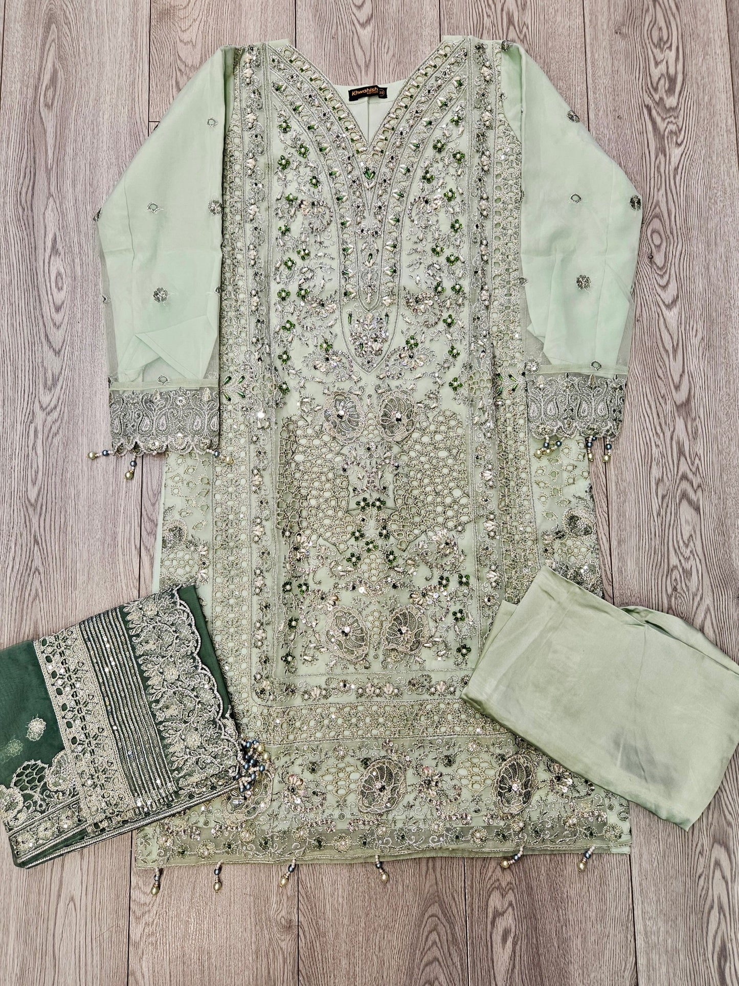 IZK moss green hand embroidered organza palazzo suit