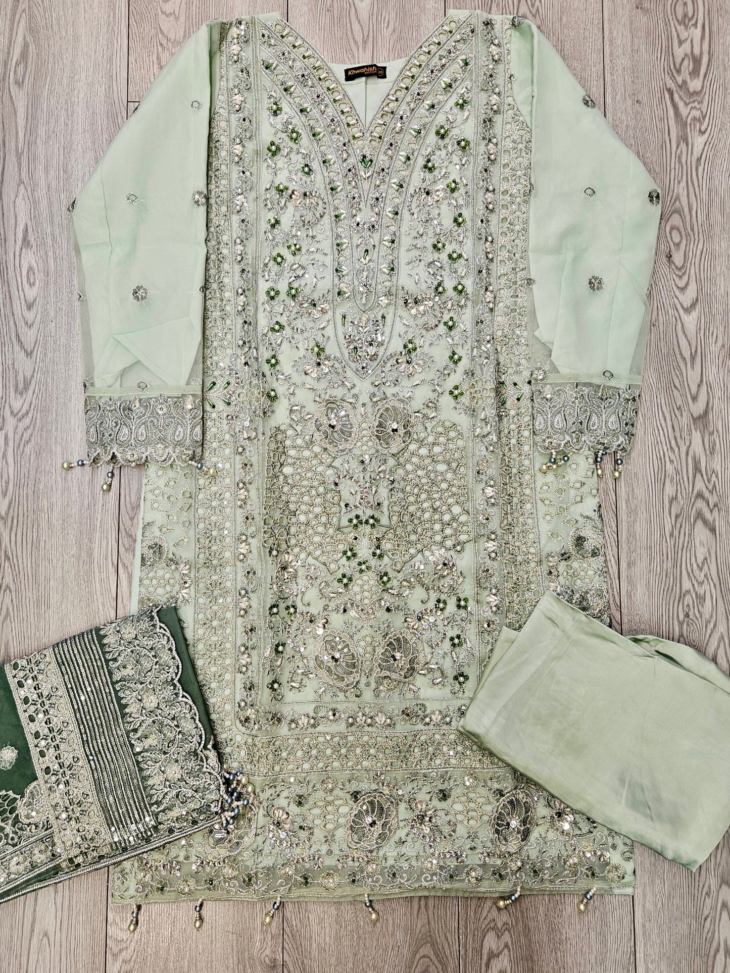 IZK moss green hand embroidered organza palazzo suit