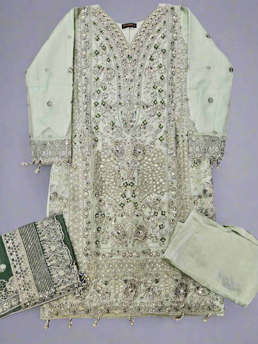 IZK moss green hand embroidered organza palazzo suit