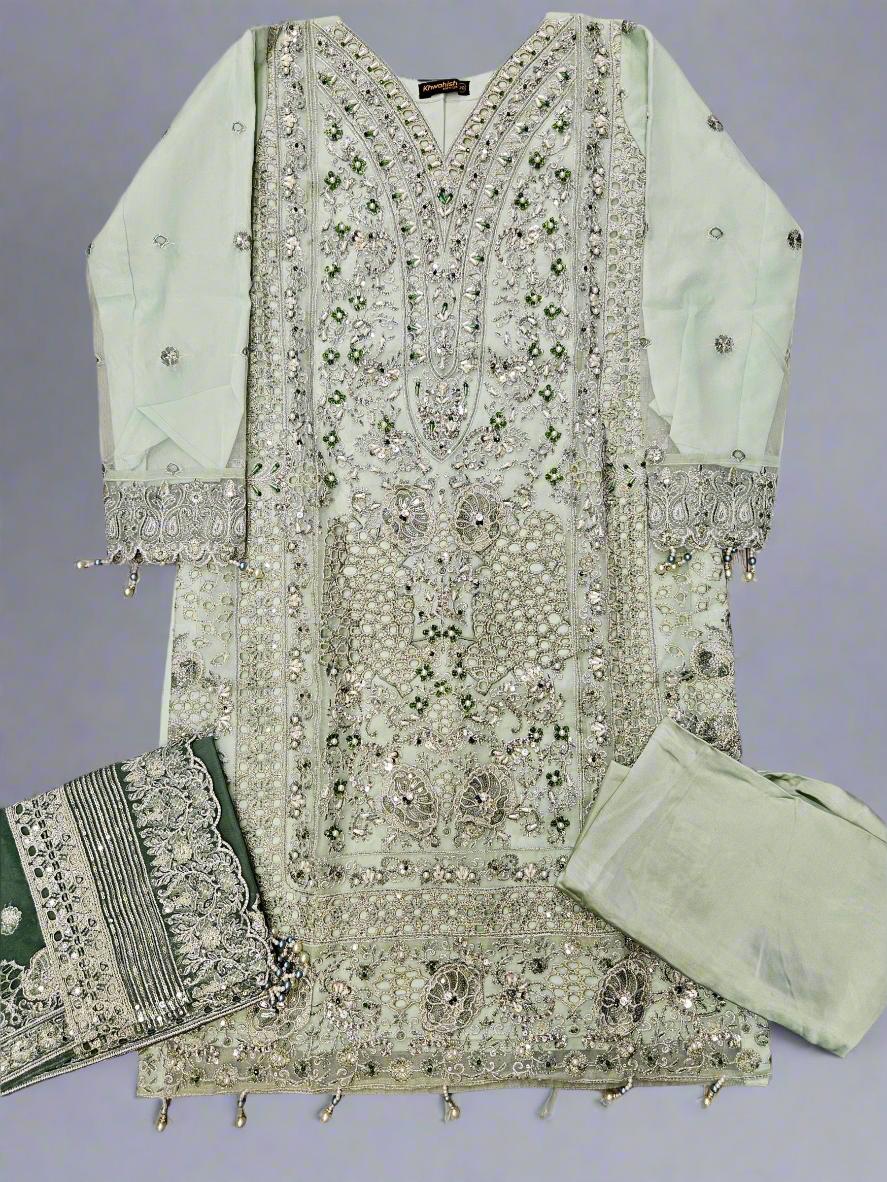 IZK moss green hand embroidered organza palazzo suit