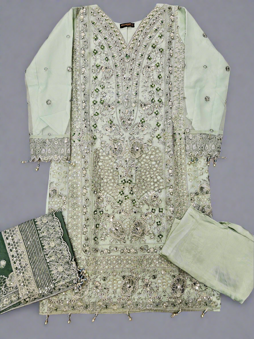 IZK moss green hand embroidered organza palazzo suit