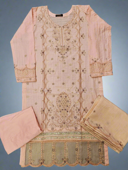 Creamy peach and purple floral embroidery cotton shalwar kameez