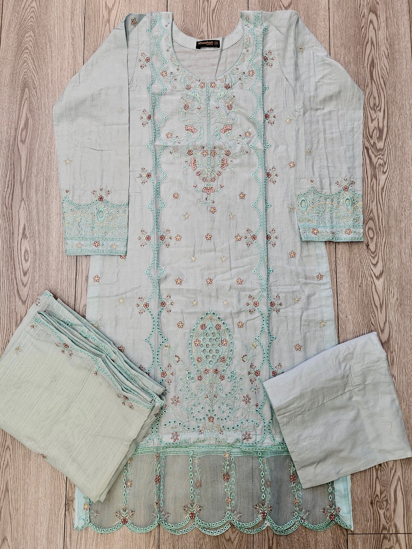 Baby blue and purple floral embroidery cotton shalwar kameez