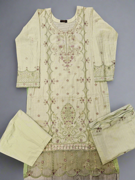 Chartreuse green and purple floral embroidery cotton shalwar kameez