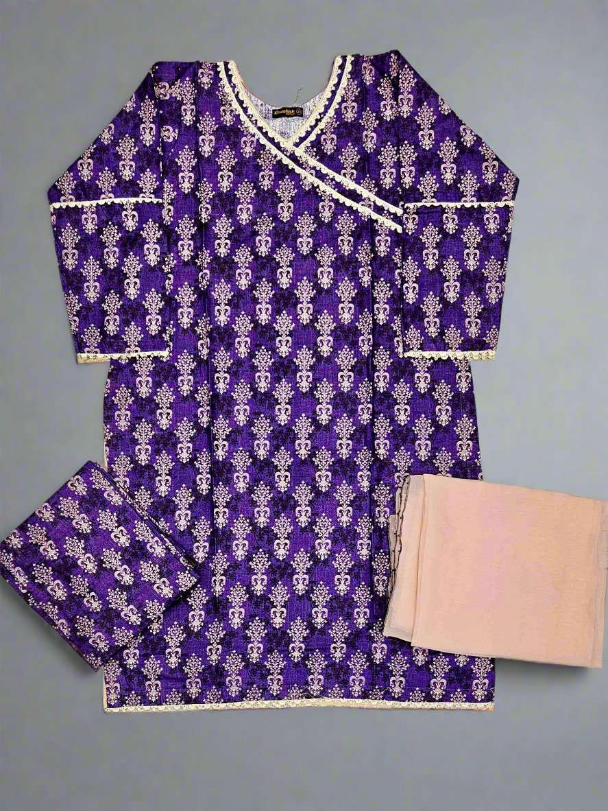 Cadbury purple and peach floral print