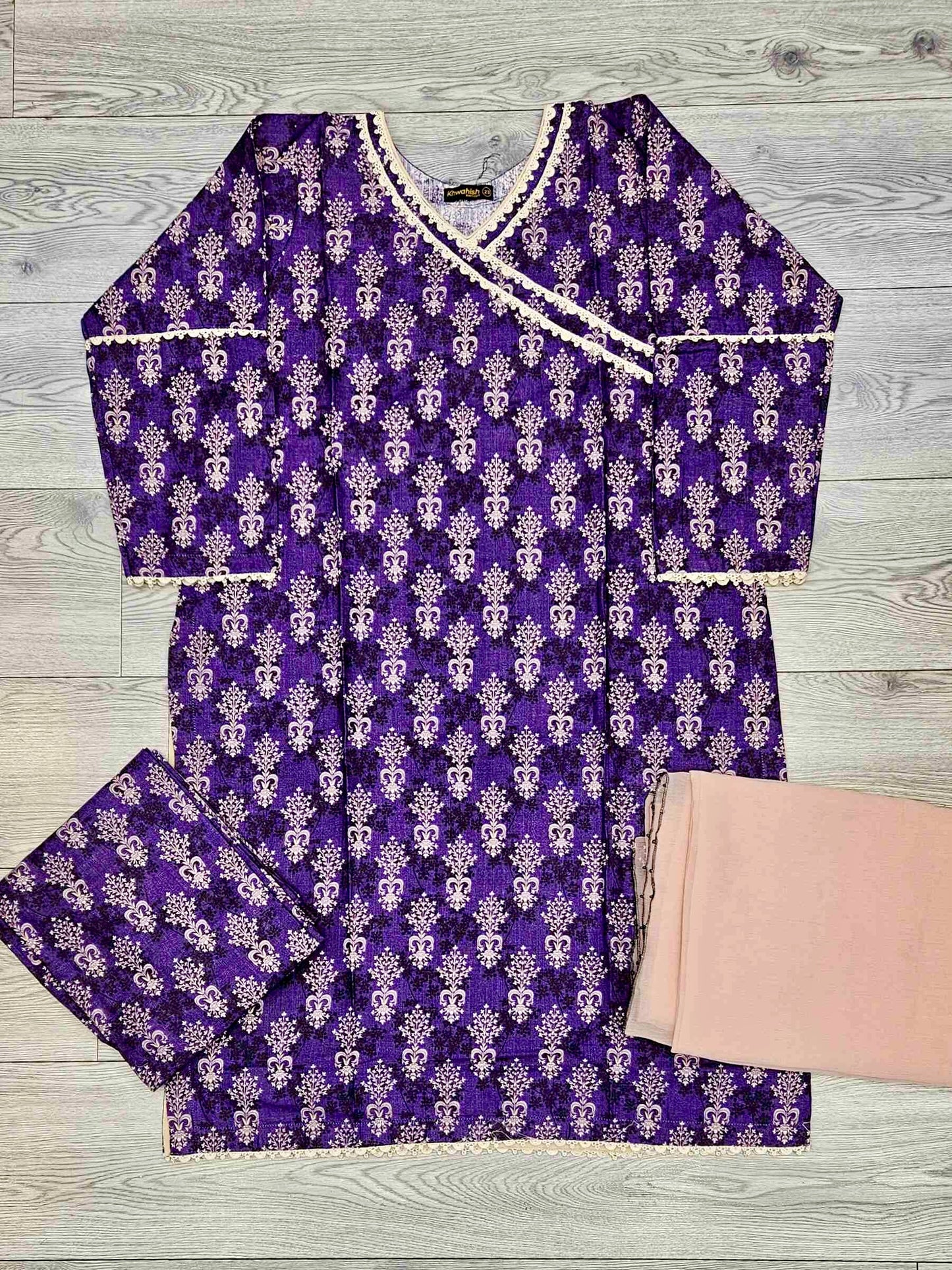 Cadbury purple and peach floral print