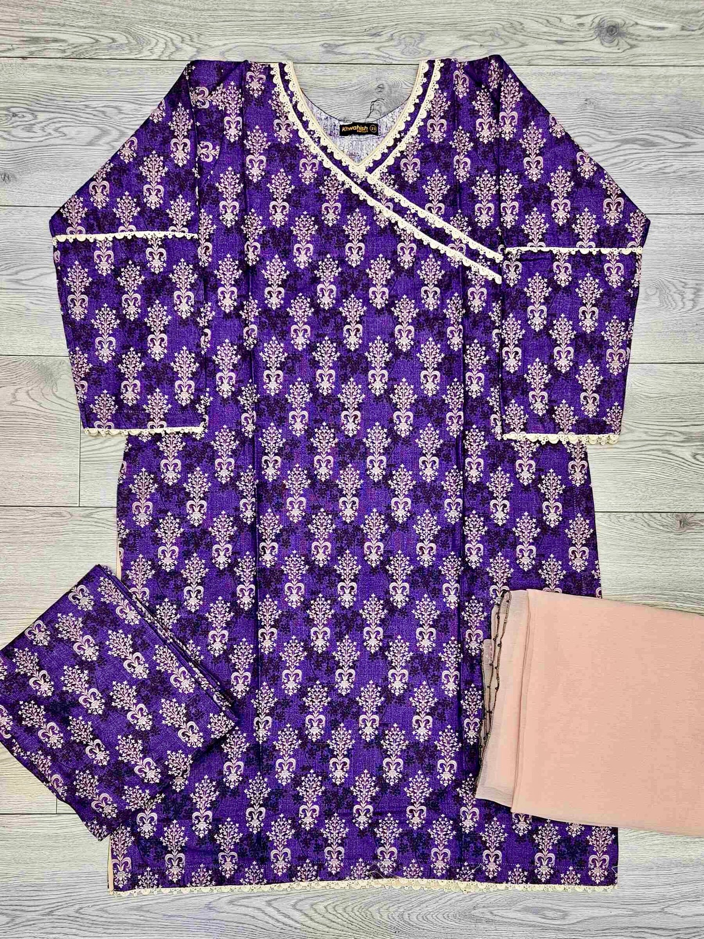 Cadbury purple and peach floral print