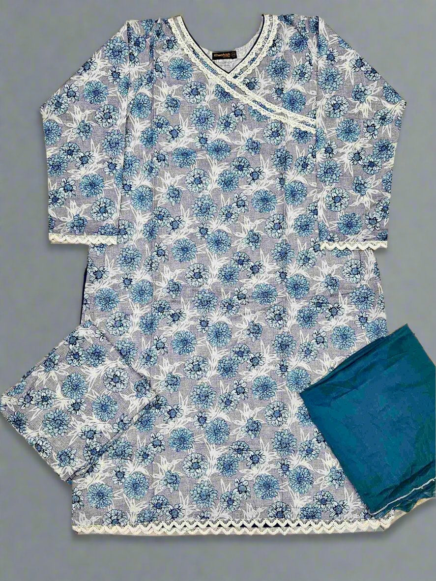 Electric blue floral print angrakha neck