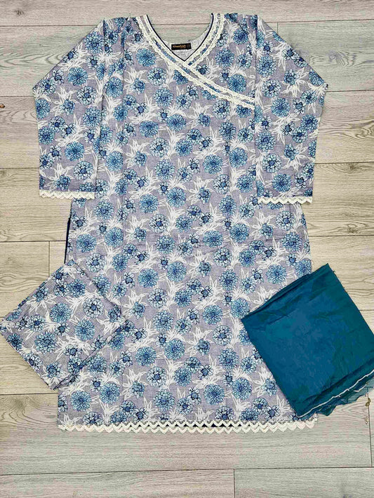 Electric blue floral print angrakha neck
