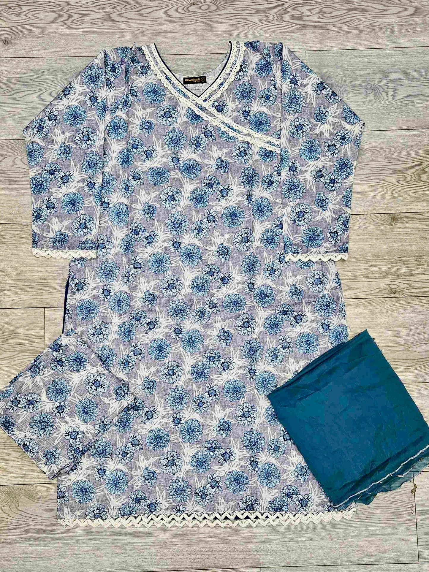 Electric blue floral print angrakha neck